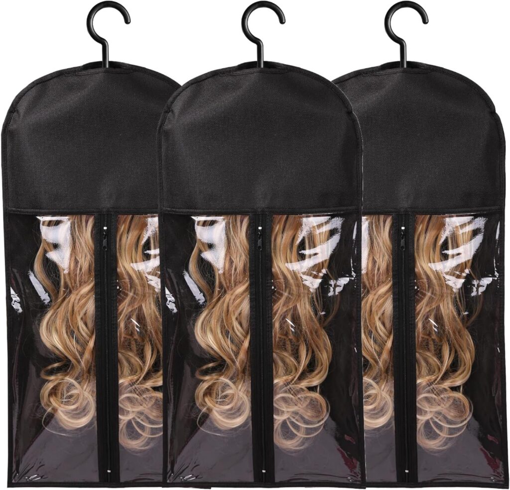 3PCS wig Hanger Hair Extension Holder Wig Storage for Multiple Wigs Bags Storage with Hanger Wig Holder Dust-proof Hair Extension Storage with Hook hair extensions, wigs accessories (Black)