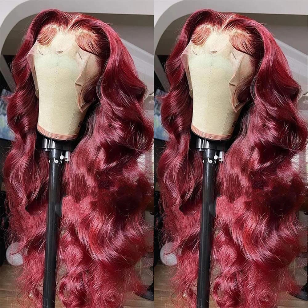 ANDRIA Red Wig Synthetic Lace Front Wigs Glueless Body Wave Lace Front Wig Wine Red Long Natural Wavy Wig Heat Resistant Fiber Hair Wigs With Baby Hair Plucked Hairline For Black Women Burgundy Wig