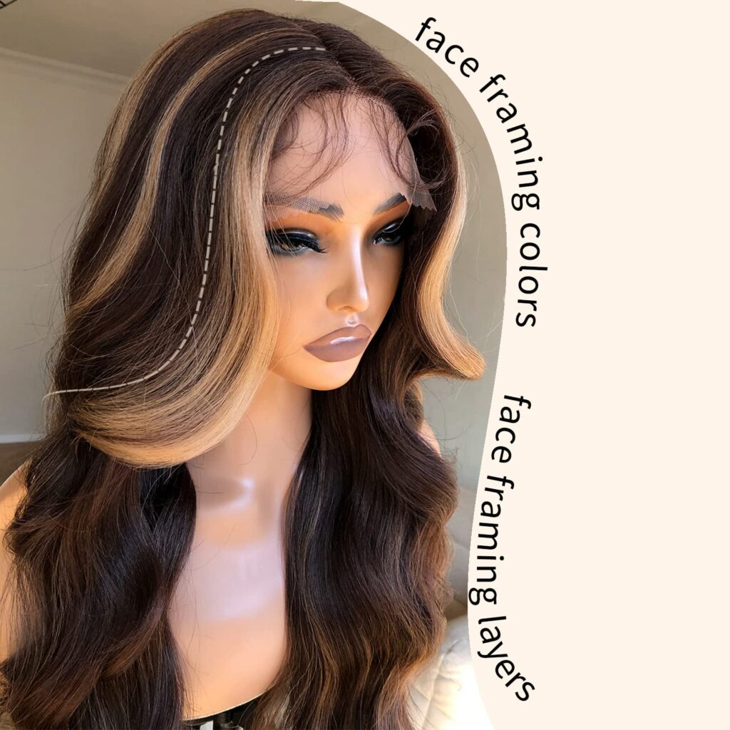 BlackSwern Honey Blonde Ombre Lace Front Wig, Body Wave Highlight Wigs Pre-plucked, Long Layered Wig with Curtain Bangs, Glueless for Black Women, 4/27 Highlights