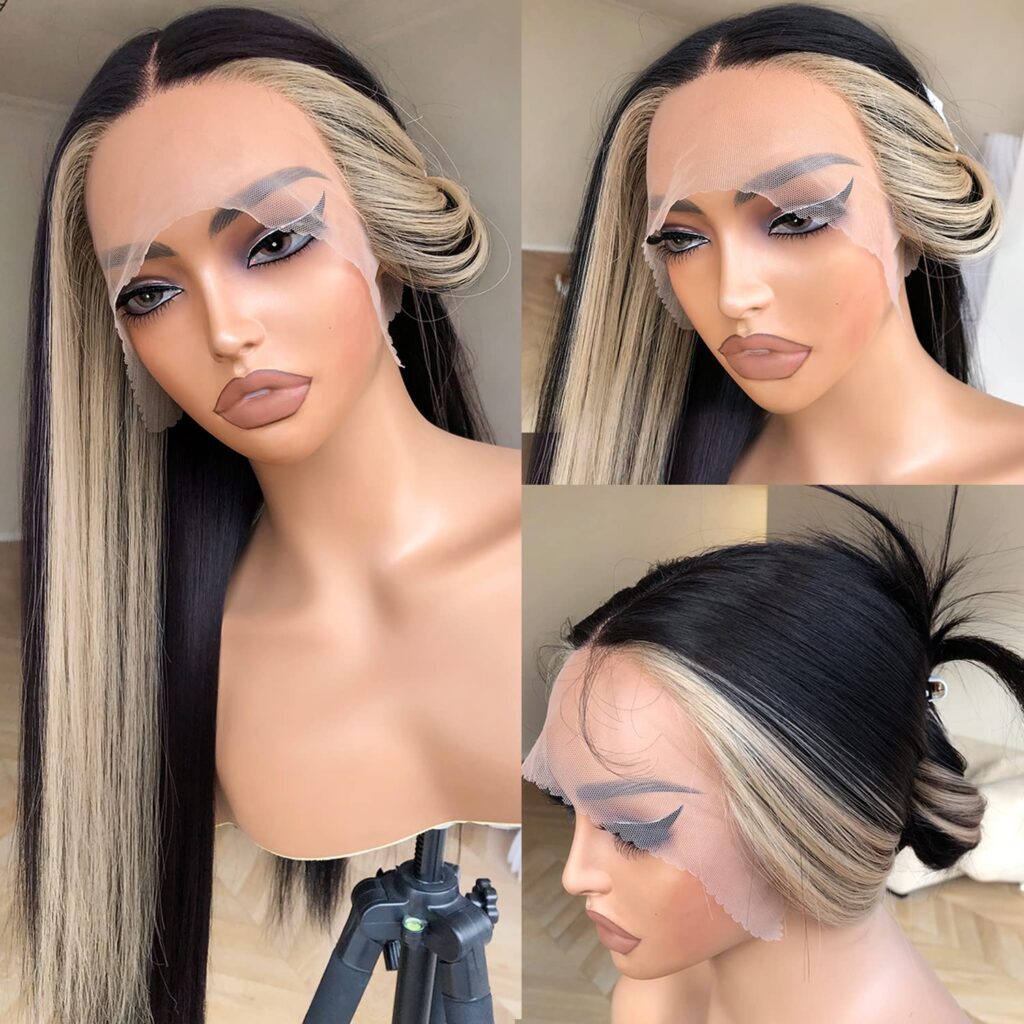 BrownBomb Skunk Stripe Wig Lace Front Wig Pre Plucked Ready to Wear, HD Glueless 13X5X1 Synthetic Lace Front Wigs for Women 180 Density 26inch, Black and Blonde Wig Skunk Stripe Effortless Chic