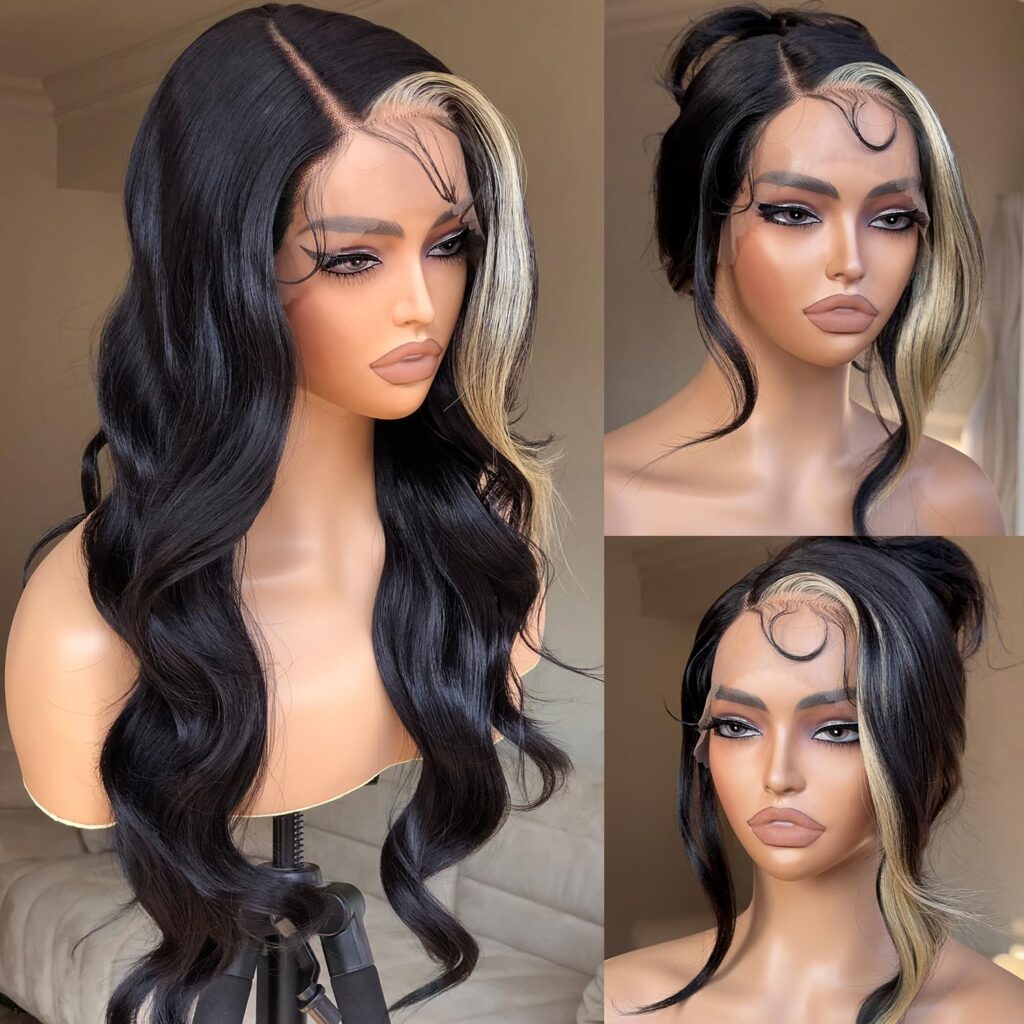 BrownBomb Skunk Stripe Wig Lace Front Wig Pre Plucked, Synthetic Lace Front Wigs for Women, Black and Blonde Wig Skunk Stripe Lace Front Wig 24inch, Easy Chic Black Wig with Blonde Highlights