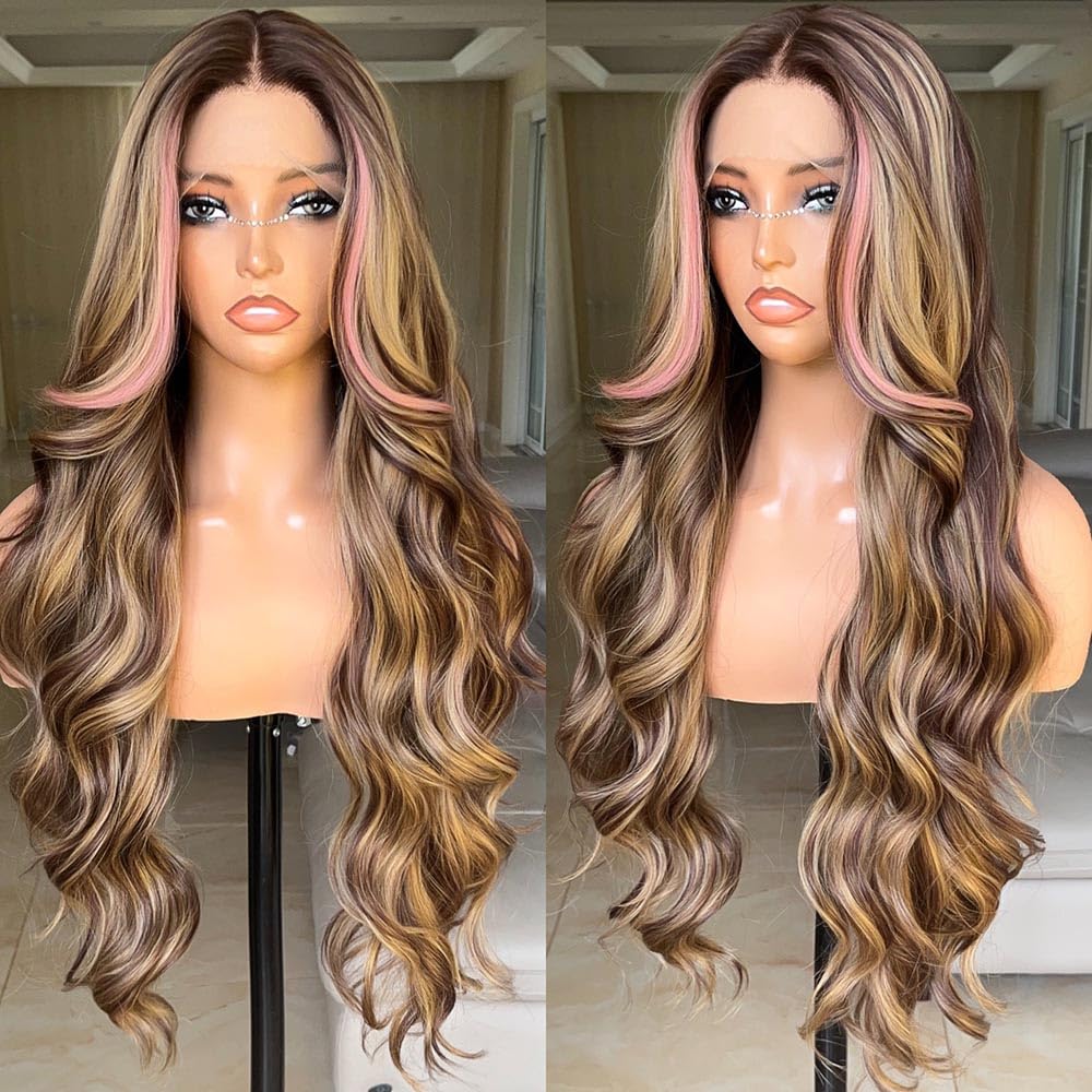 FABÉLLE 30 Inch Lace Front Wig Body Wave Wig Pre-Plucked with Baby Hair Natural Color Glueless Wig for Women Curly Wave Synthetic Lace Front Wig