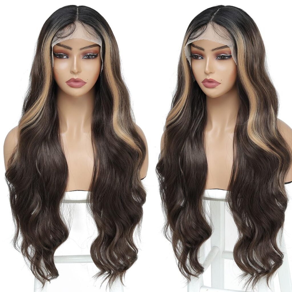 Honey Blonde Ombre Synthetic Lace Front Wig Synthetic Wigs For Black Women Pre Plucked Body Wave Highlight Brown Lace Front Wig Glueless Heat Resistant Curly Wavy Wig Natural Hairline Hair 26 Inch