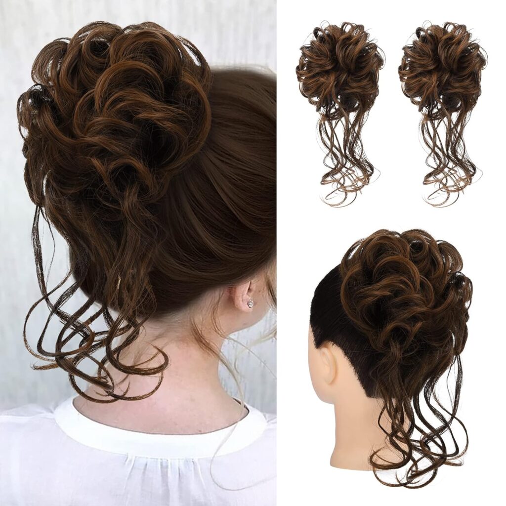 HOOJIH Messy Bun Hair Piece, 2PCS Tousled Updo with Tendrils Hair Bun Extensions Wavy Curly Hair Wrap Ponytail Hairpieces Thick Hair Scrunchies for Women HB010 Dasiy - Cool Light Blonde