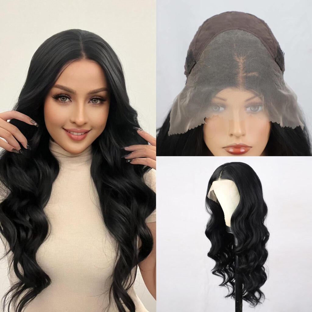 Lace Front Wigs Big Lace Front Synthetic Wig Heat Resistant Fiber Wigs Curly Wigs Wavy Wig Body Wave Long Wig Loose Wave Natural Wave Colorful Breathable Wig For Women (26, Black)