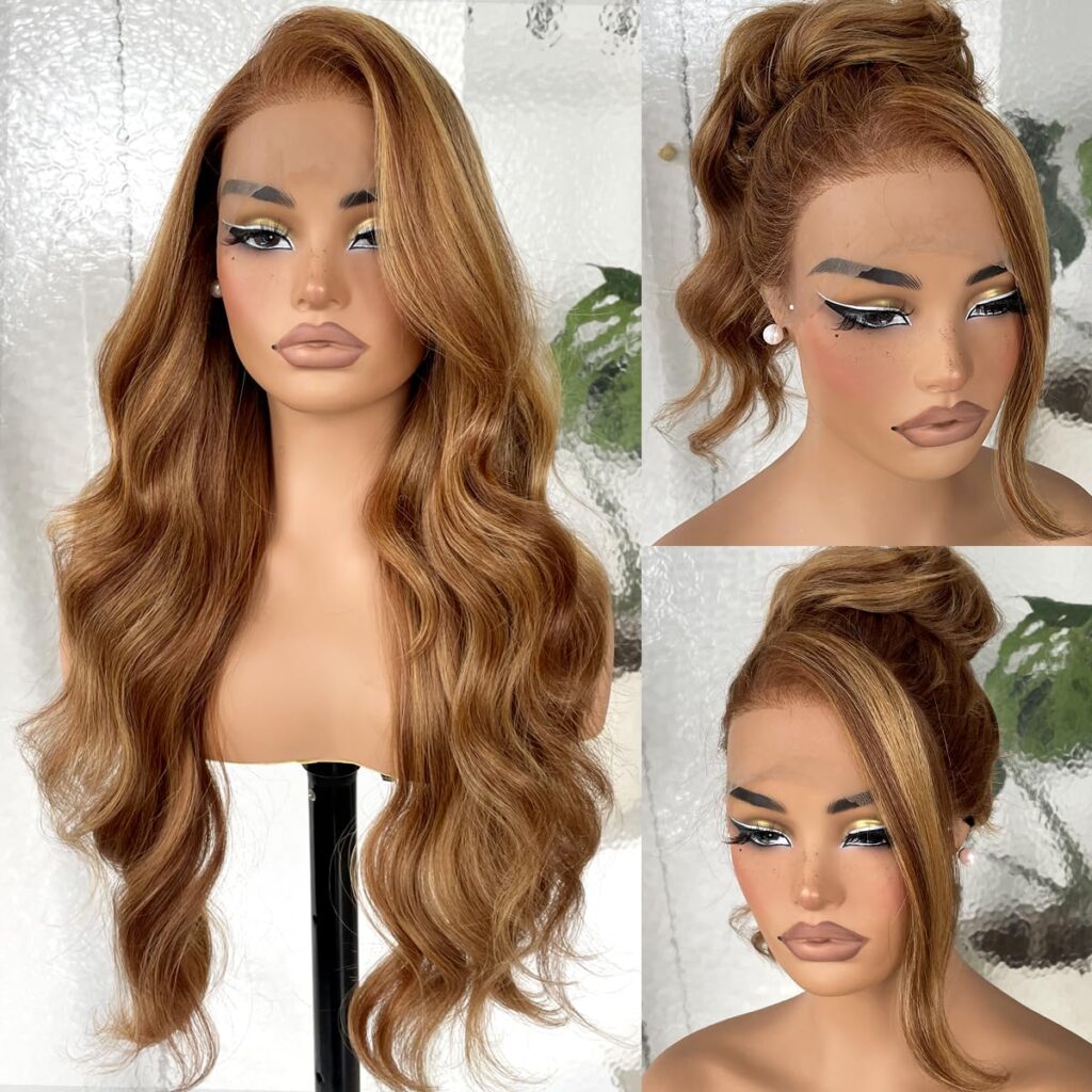 LOVSOUL 13x6 HD Glueless Lace Frontal Wigs Pre-Plucked, 200 Density Honey Blonde Sunkissed Highlights Synthetic Long Body Wave Lace Front Wig Ready to Wear, 26inch #4/27 Sunkissed Highlights