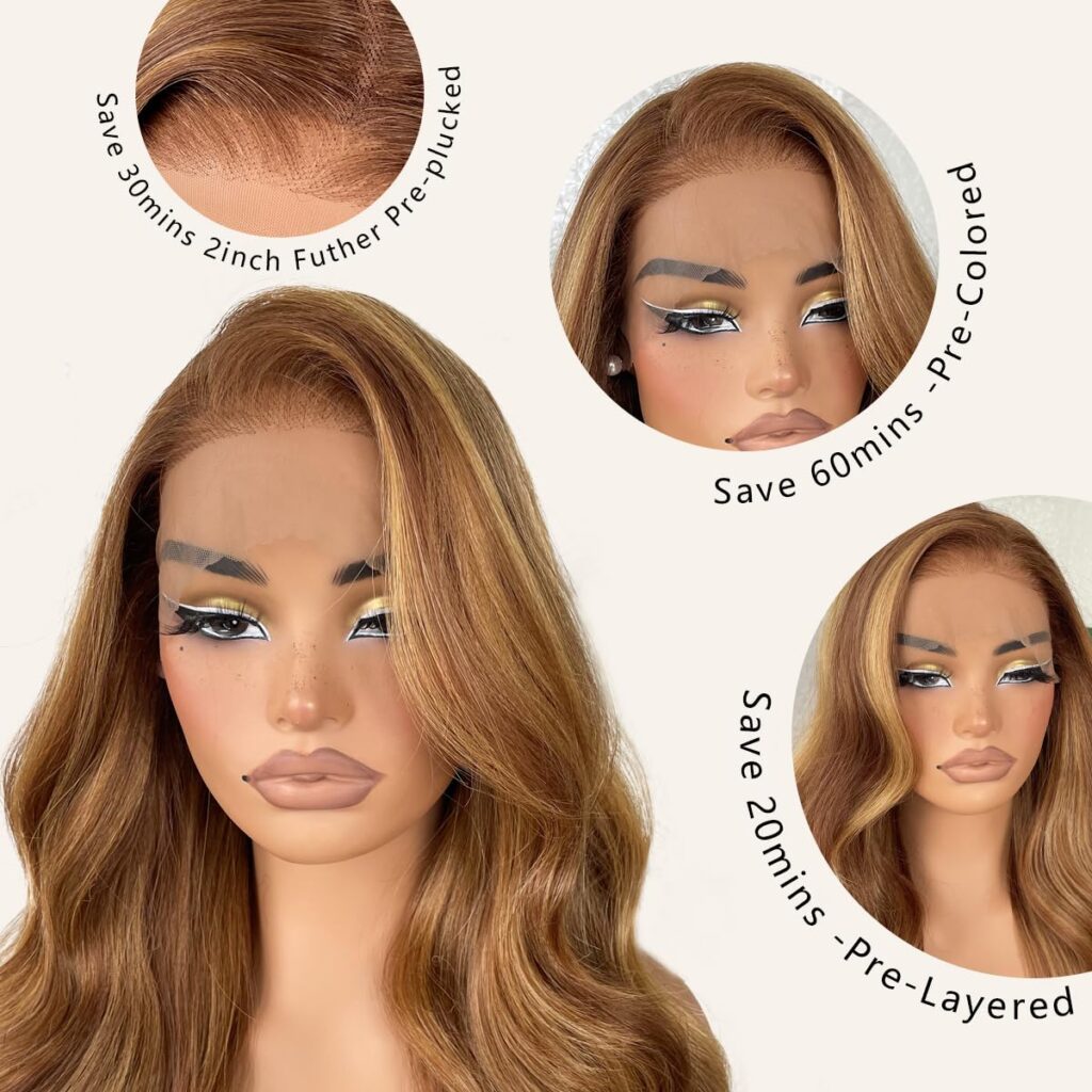 LOVSOUL 13x6 HD Glueless Lace Frontal Wigs Pre-Plucked, 200 Density Honey Blonde Sunkissed Highlights Synthetic Long Body Wave Lace Front Wig Ready to Wear, 26inch #4/27 Sunkissed Highlights