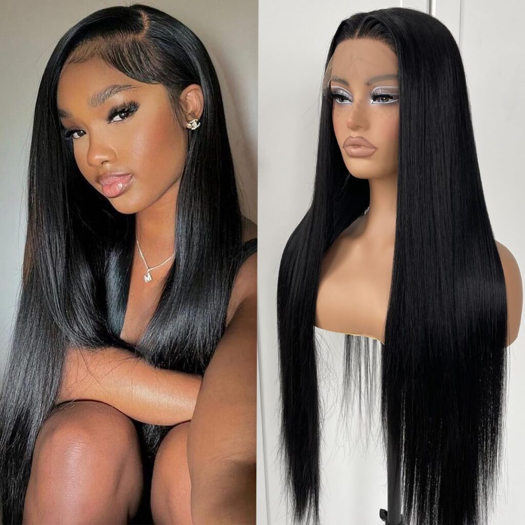 MITIMES 32inch Long Straight Lace Front Wigs Natural Black Glueless Straight Hair Lace Front Wig Pre Plucked Synthetic HD Lace Front Wig For Black Women