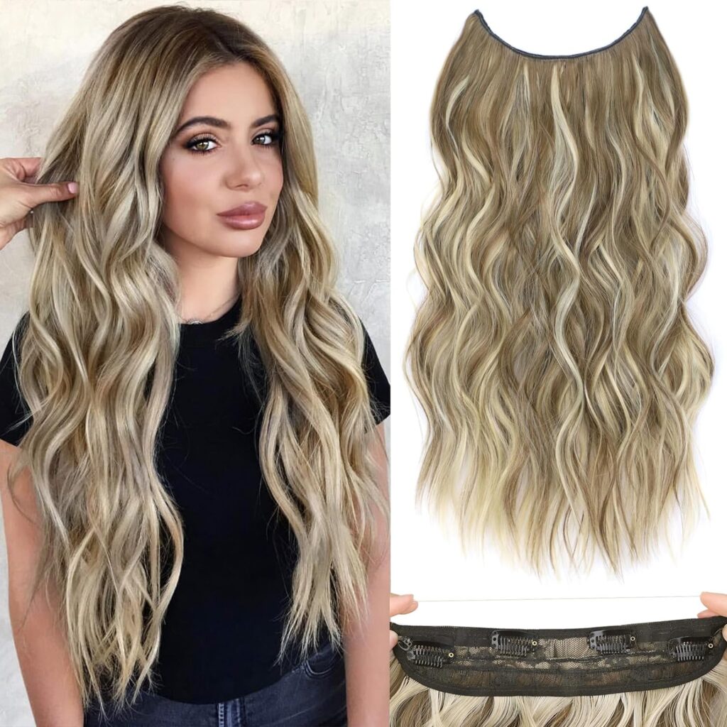 Rosooi 20 Inch Invisible Wire Hair Extensions with Adjustable Transparent Wire Synthetic Long Wavy Hairpieces with 4 Secure Clips for Women Daily Party Use (20 Inch, Medium Brown Ash Blonde)