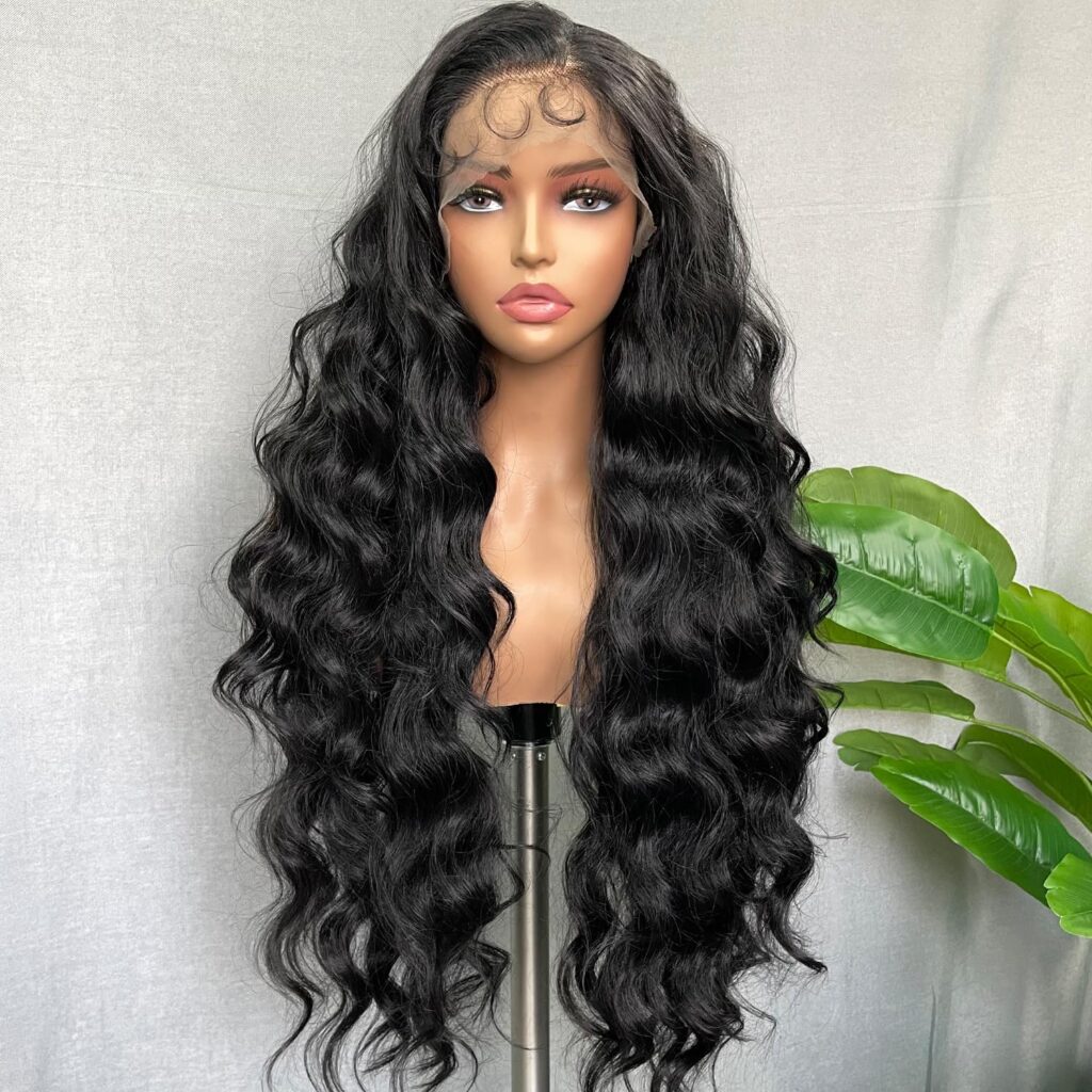 SOKU Black 13x6 Lace Frontal Wig 32 Inch Long Body Wave Pre Plucked Hairline with Baby Hair Transparent Swiss Lace Heat Resistant Synthetic Hair Glueless Lace Front Wigs for Black Women