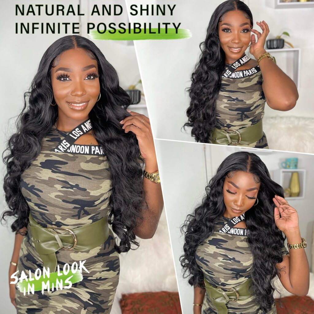 SOKU Black 13x6 Lace Frontal Wig 32 Inch Long Body Wave Pre Plucked Hairline with Baby Hair Transparent Swiss Lace Heat Resistant Synthetic Hair Glueless Lace Front Wigs for Black Women