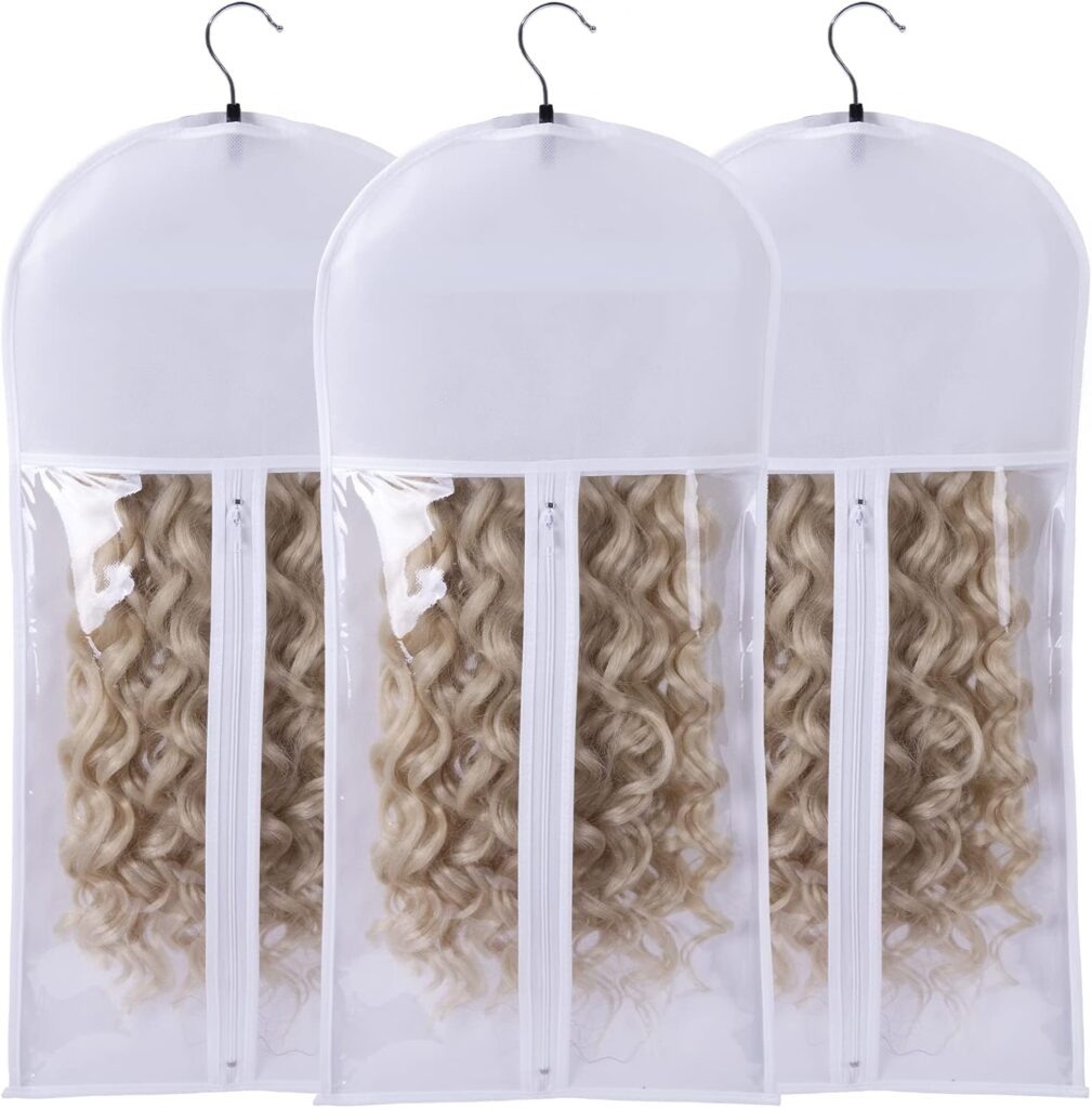 Wig Bag Wig Storage Hair Extension Holder Hair Extension Storage Wig Bags Storage with Hanger Wig Storage for Multiple Wigs Hanger Hair Extensions, Wigs Accessories (3PCS/WHITE)