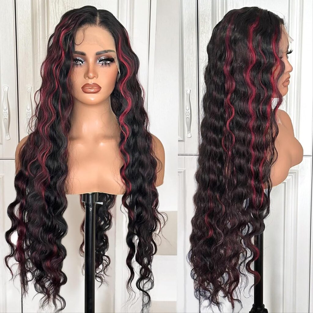 X-TRESS Red Highlight Synthetic Lace Front Wigs 30 Inch Loose Deep Wave Lace Frontal Wigs Pre Plucked Natural Black Deep Wave Wigs with Burgundy Highlight for Black Women with Baby Hair