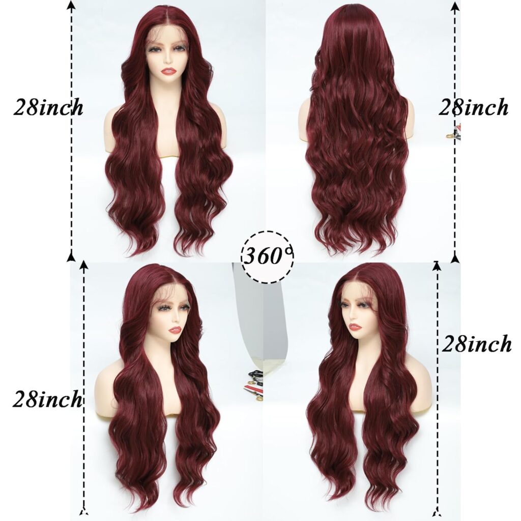 X-TRESS Red Highlight Synthetic Lace Front Wigs 30 Inch Loose Deep Wave Lace Frontal Wigs Pre Plucked Natural Black Deep Wave Wigs with Burgundy Highlight for Black Women with Baby Hair