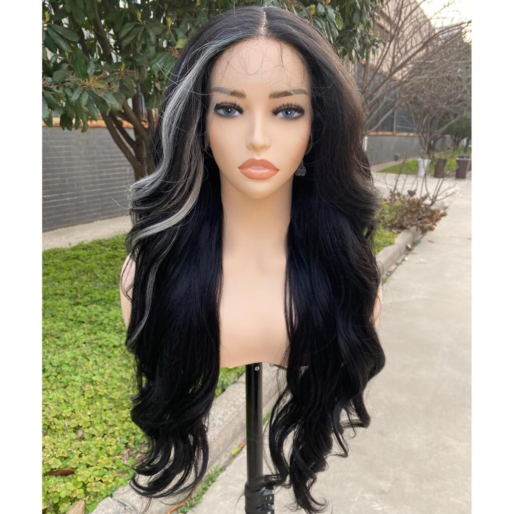 X-TRESS Red Highlight Synthetic Lace Front Wigs 30 Inch Loose Deep Wave Lace Frontal Wigs Pre Plucked Natural Black Deep Wave Wigs with Burgundy Highlight for Black Women with Baby Hair