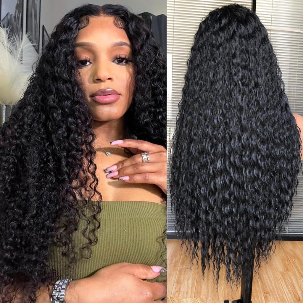 Annivia Black Long Curly Lace Front Wigs for Black Women, 13×4×1 HD Glueless Lace Curly Wig,Pre Plucked With Baby Hair,Deep Wave Lace Frontal Wigs,Afro Kinky Curly Synthetic Lace Wigs 26Inch