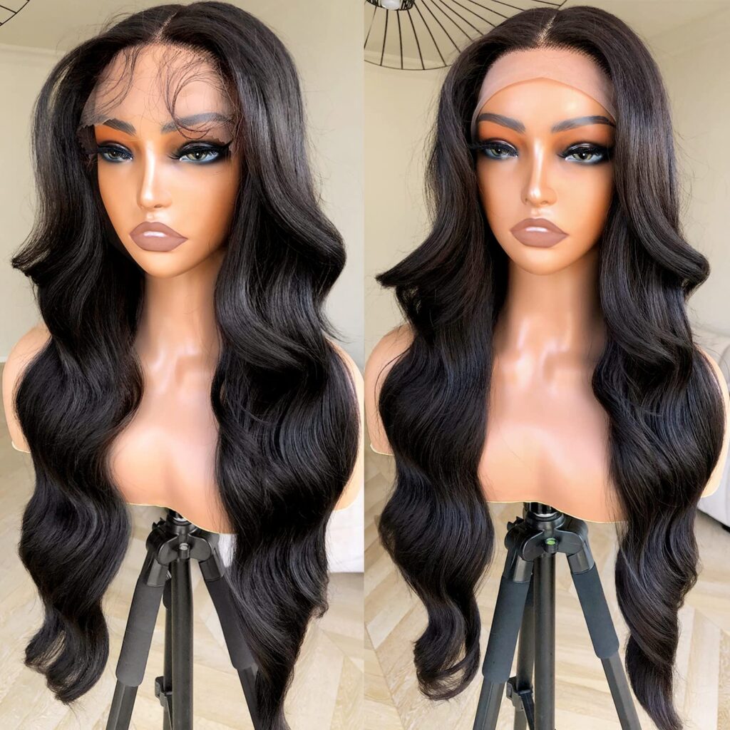 BlackSwern Body Wave Lace Front Wig, Glueless Wig Pre-plucked Pre-layered Pre-styled, Long Layered with Curtain Bangs for Black Women, Natural 24 232 grams