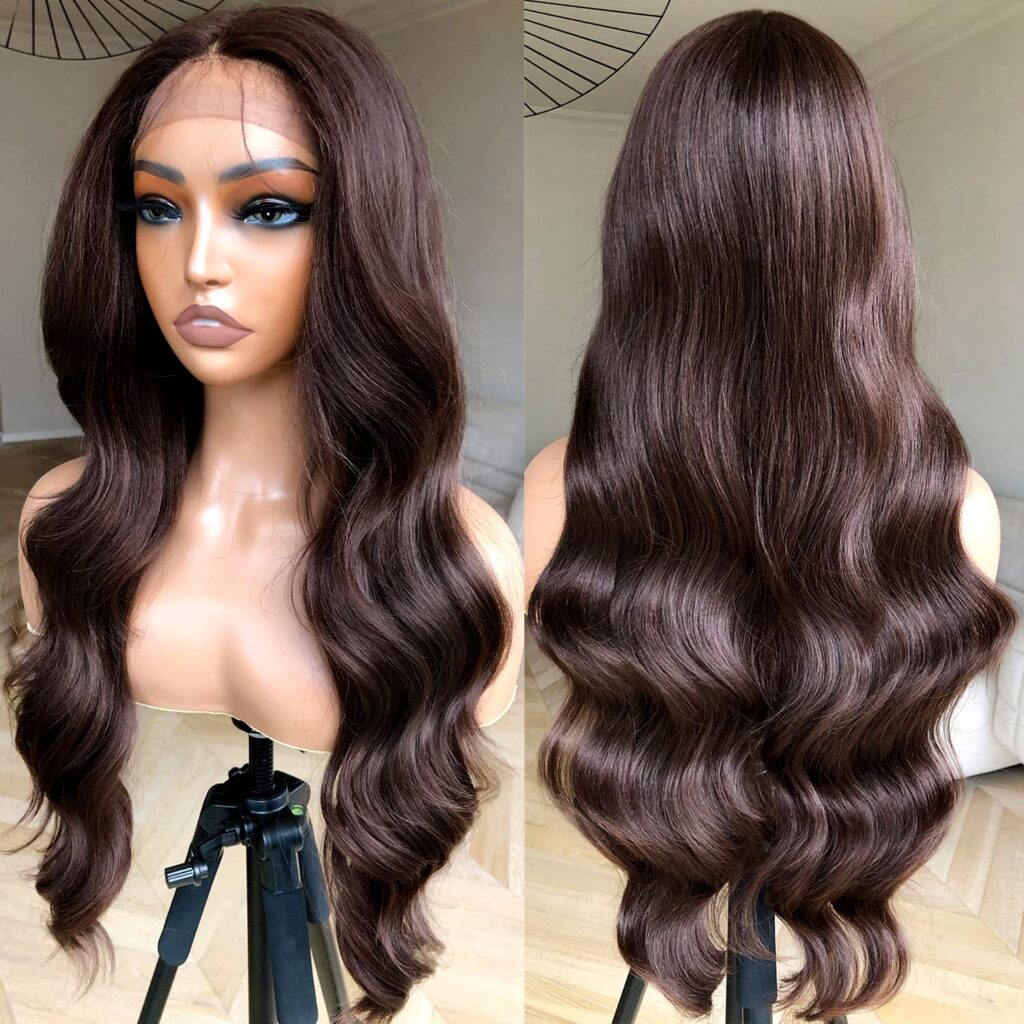 BlackSwern Body Wave Lace Front Wig, Glueless Wig Pre-plucked Pre-layered Pre-styled, Long Layered with Curtain Bangs for Black Women, Natural 24 232 grams