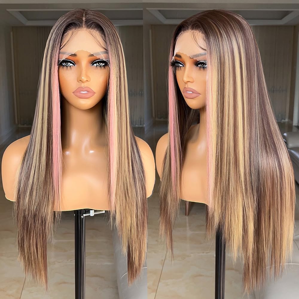 FABÉLLE Honey Blonde Highlight Lace Front Wigs 13x4x1 HD Lace Long Straight Glueless Wigs Pre Plucked Highlight Wigs Yaki Straight Synthetic Lace Front Wig 26 Inch