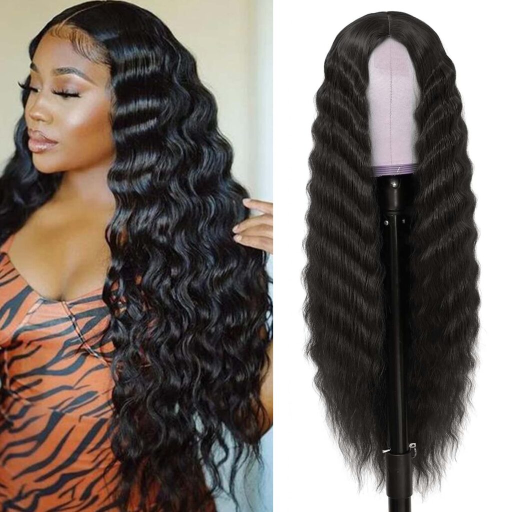 INSTASTYLE 30 Inch Synthetic Curly Wigs for Women Long Black Hair Wig Lace Front 4 Simulated Scalp Natural Loose Deep Wave Crimps Curls Wig As Hair Replacement Wigs 1B