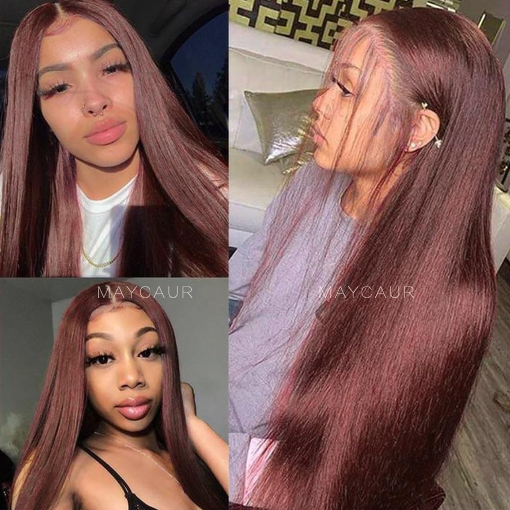 Maycaur 30 Inch Red Hair Synthetic Lace Front Wigs with Baby Hair Light Yaki Glueless HD Lace Wigs Natural Hairline Pre-Plucked Long Straight Wigs for Black Women