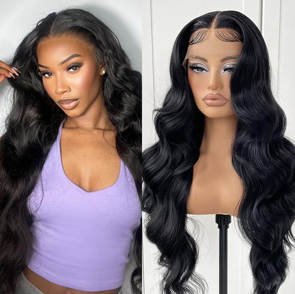 MITIMES Glueless Long Body Wave Synthetic Lace Front Wig For Black Women 1B Natural Black