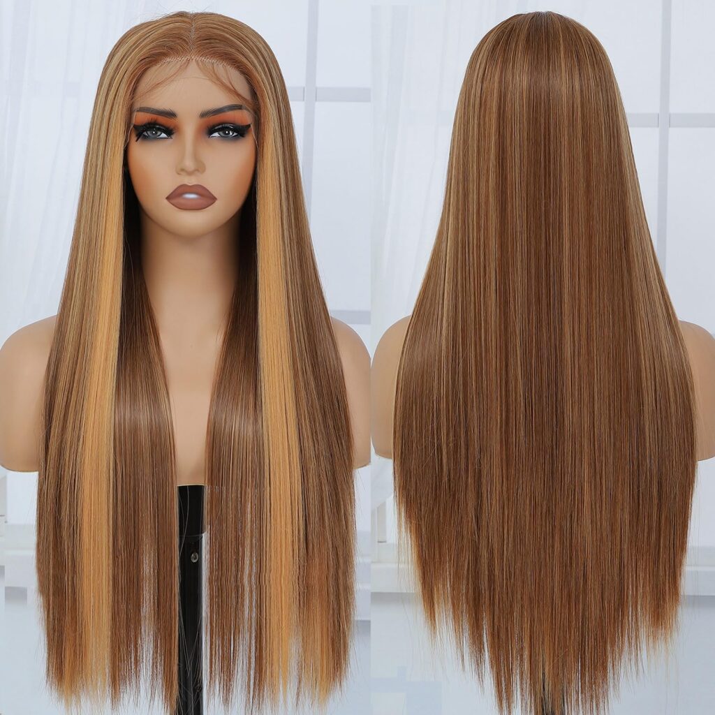 Raxylll Honey Blonde HD Lace Front Wig Synthetic Pre Pulcked Wear And Go Glueless Wig Highlight Ombre Synthetic Lace Front Wigs for Women 4/27 Highlights Straight Synthetic Lace Front Wig 26 inch