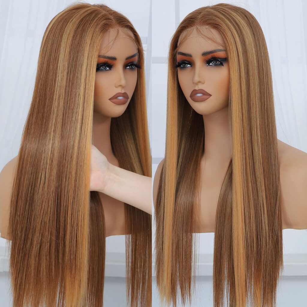 Raxylll Honey Blonde HD Lace Front Wig Synthetic Pre Pulcked Wear And Go Glueless Wig Highlight Ombre Synthetic Lace Front Wigs for Women 4/27 Highlights Straight Synthetic Lace Front Wig 26 inch