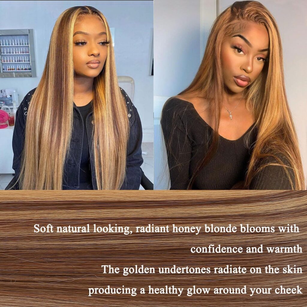 Raxylll Honey Blonde HD Lace Front Wig Synthetic Pre Pulcked Wear And Go Glueless Wig Highlight Ombre Synthetic Lace Front Wigs for Women 4/27 Highlights Straight Synthetic Lace Front Wig 26 inch