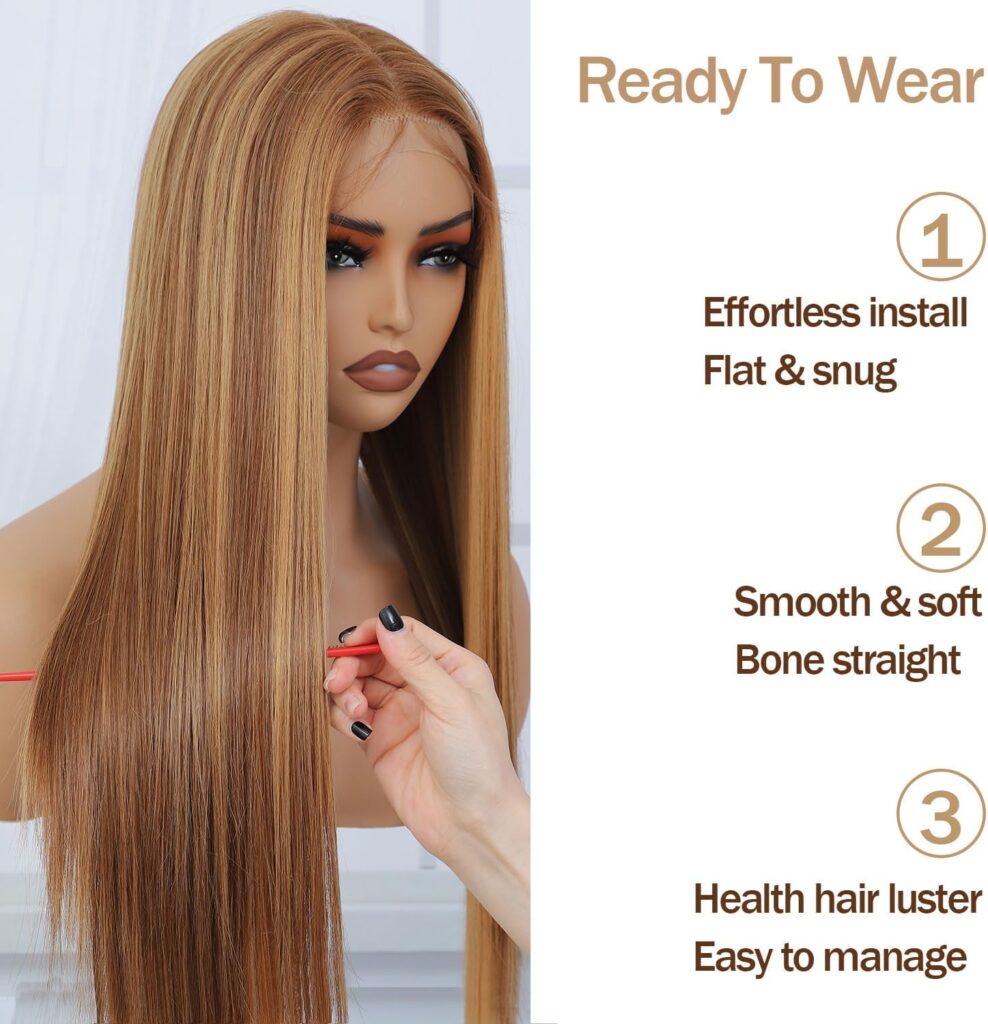 Raxylll Honey Blonde HD Lace Front Wig Synthetic Pre Pulcked Wear And Go Glueless Wig Highlight Ombre Synthetic Lace Front Wigs for Women 4/27 Highlights Straight Synthetic Lace Front Wig 26 inch