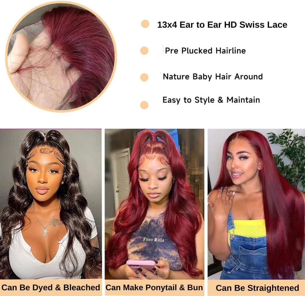 WRIVOX 99j Burgundy Lace Front Wigs Human Hair 24 Inch 13x4 Body Wave Human Hair Lace Front Wigs for Black Women 180 Density HD Transparent Glueless Wigs Human Hair Pre Plucked with Baby Hair