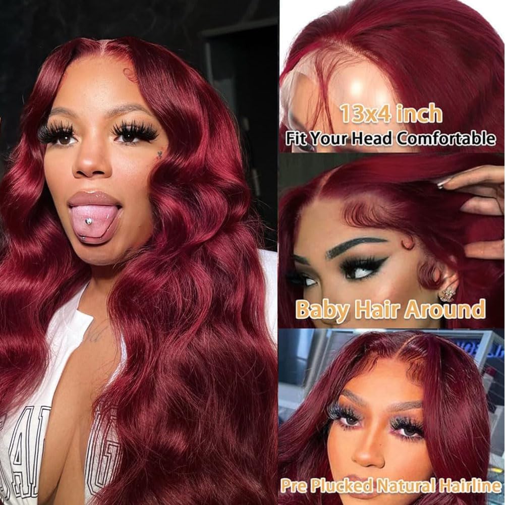 WRIVOX 99j Burgundy Lace Front Wigs Human Hair 24 Inch 13x4 Body Wave Human Hair Lace Front Wigs for Black Women 180 Density HD Transparent Glueless Wigs Human Hair Pre Plucked with Baby Hair