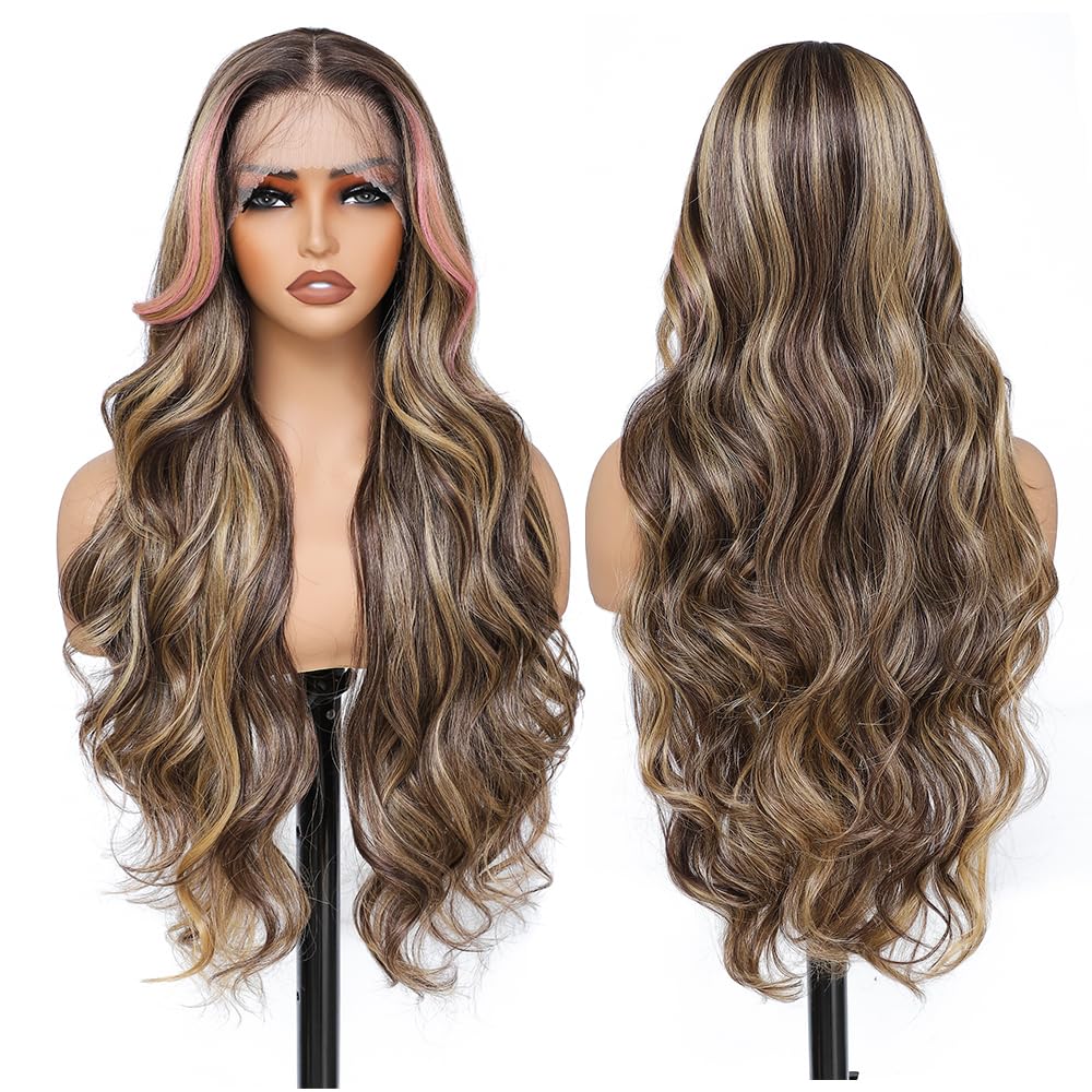 X-TRESS Black Blonde Highlights Wig, Lace Front Wig with Pre Plucked HD Lace 13x4x1 Synthetic Wig,28Inch Long Body Wave Wigs Ready to Wear for Women,Glueless Wig Bombshell Balayage Highlight Wig