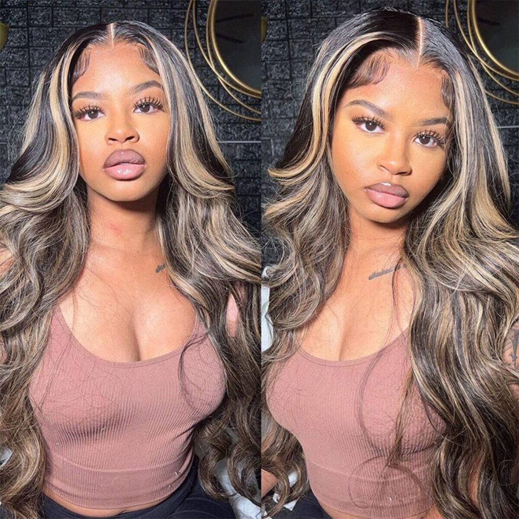 X-TRESS Black Blonde Highlights Wig, Lace Front Wig with Pre Plucked HD Lace 13x4x1 Synthetic Wig,28Inch Long Body Wave Wigs Ready to Wear for Women,Glueless Wig Bombshell Balayage Highlight Wig