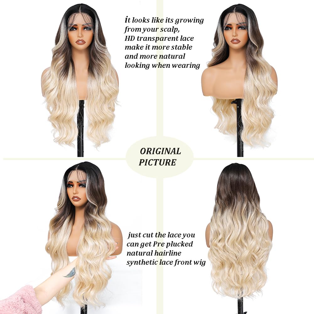 X-TRESS Black Blonde Highlights Wig, Lace Front Wig with Pre Plucked HD Lace 13x4x1 Synthetic Wig,28Inch Long Body Wave Wigs Ready to Wear for Women,Glueless Wig Bombshell Balayage Highlight Wig