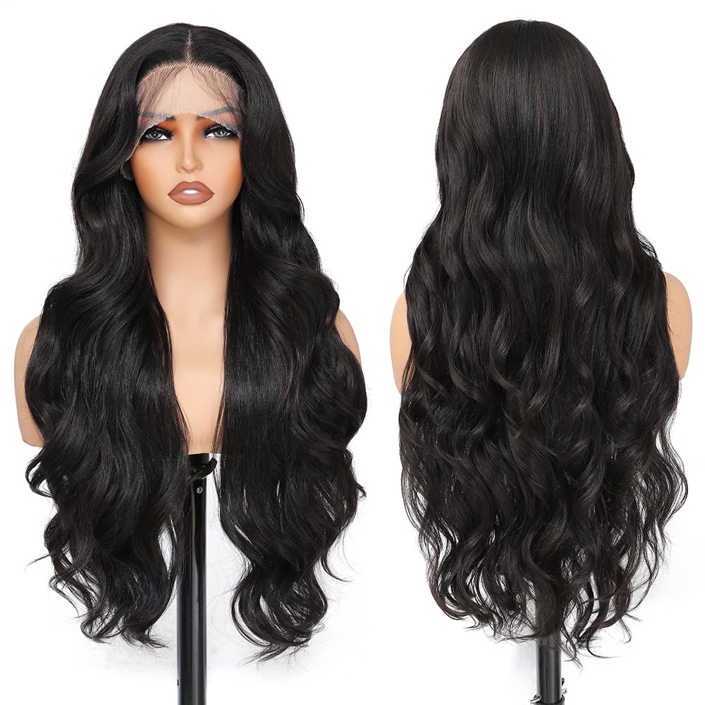 X-TRESS Black Blonde Highlights Wig, Lace Front Wig with Pre Plucked HD Lace 13x4x1 Synthetic Wig,28Inch Long Body Wave Wigs Ready to Wear for Women,Glueless Wig Bombshell Balayage Highlight Wig